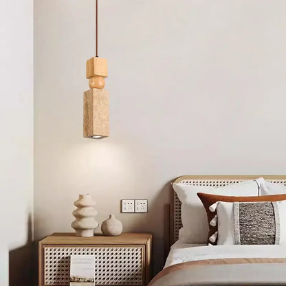 Minimalist wood and cuboid stone led pendant light dining room