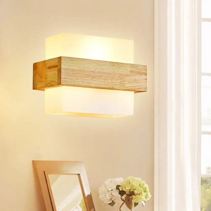 Minimalist wood and opal glass wall sconce bedroom light