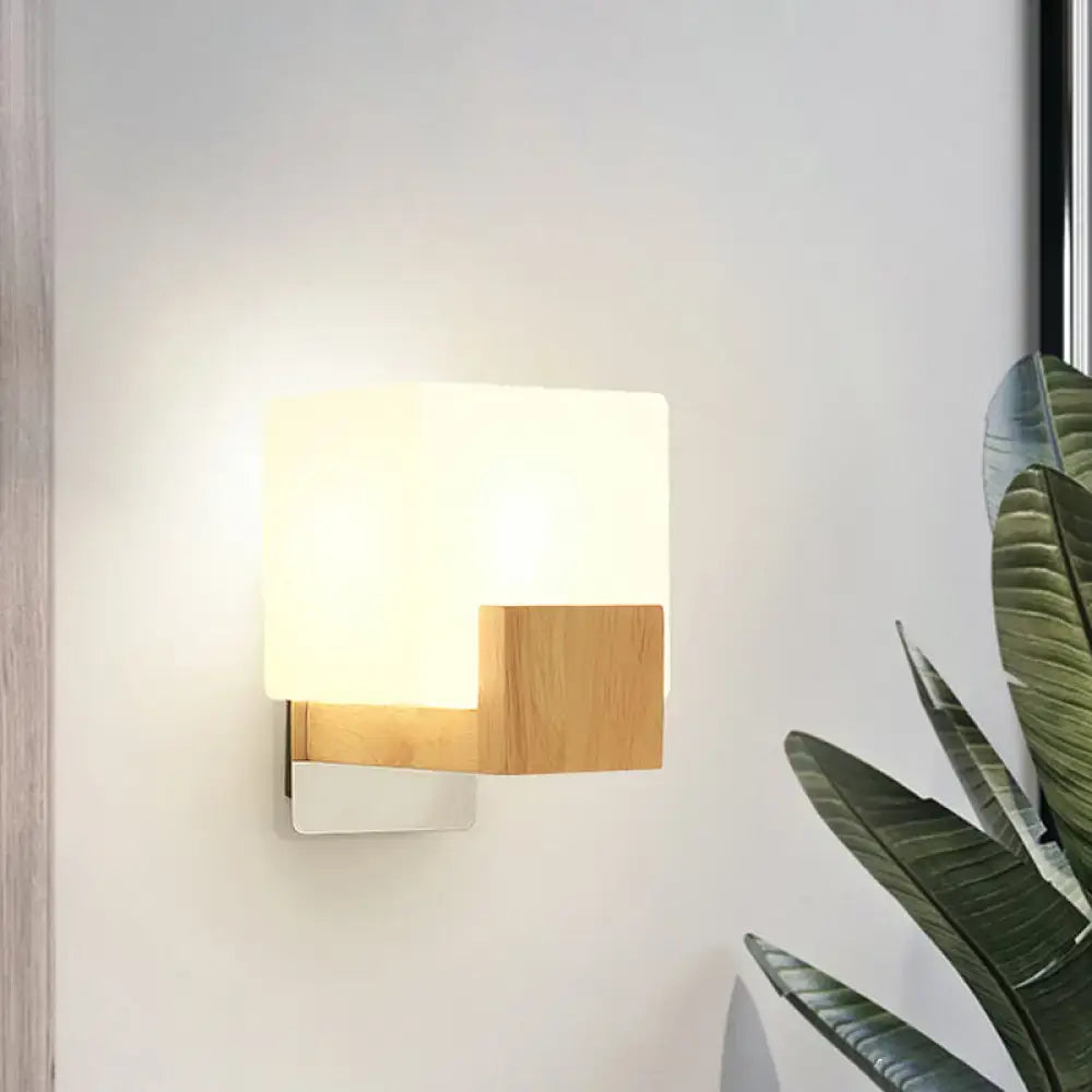 Minimalist wood and opal glass wall sconce bedroom light