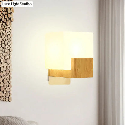 Minimalist wood and opal glass wall sconce bedroom light