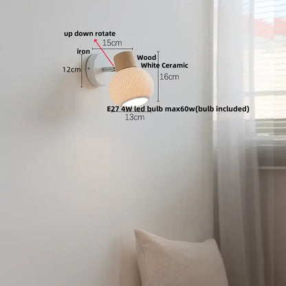 Minimalist wood and white ceramic led wall light bedroom lamp