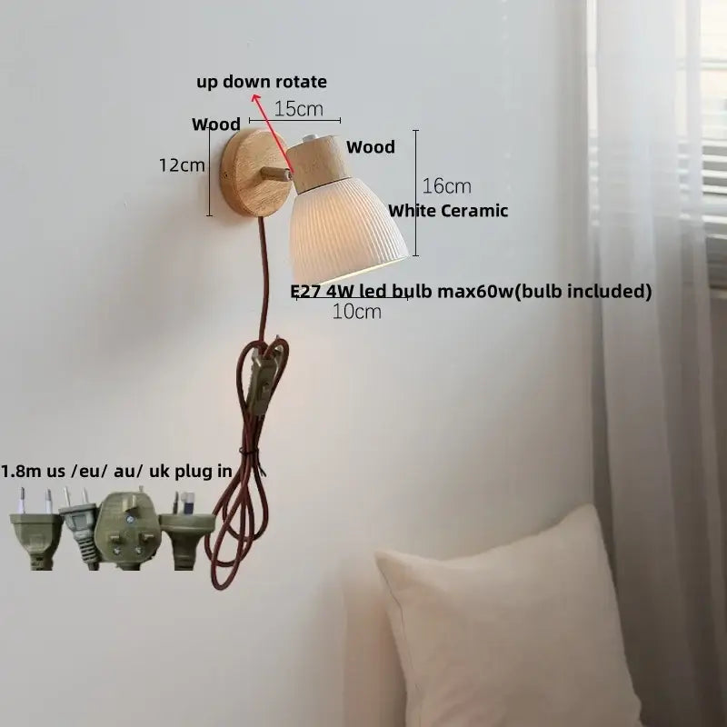 Minimalist wood and white ceramic led wall light bedroom lamp