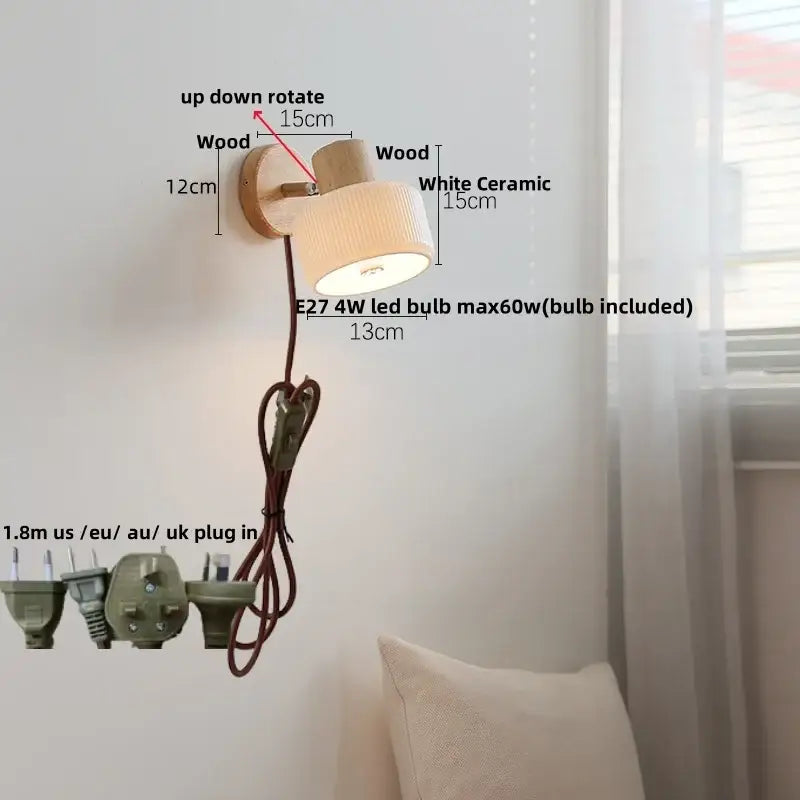 Minimalist wood and white ceramic led wall light bedroom lamp