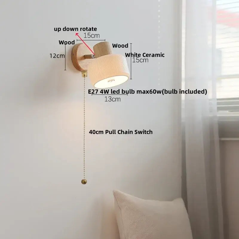 Minimalist wood and white ceramic led wall light bedroom lamp