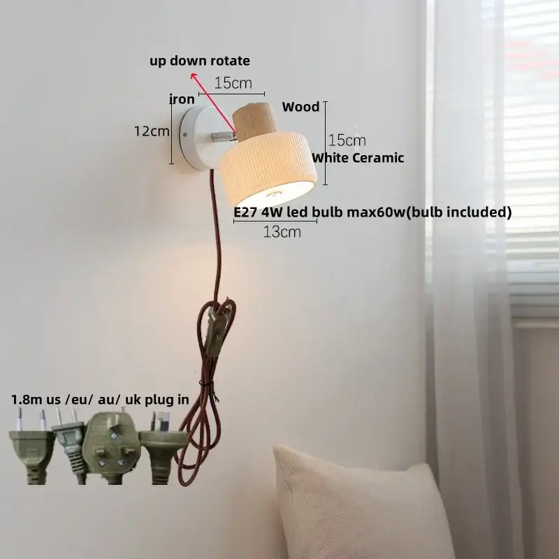Minimalist wood and white ceramic led wall light bedroom lamp