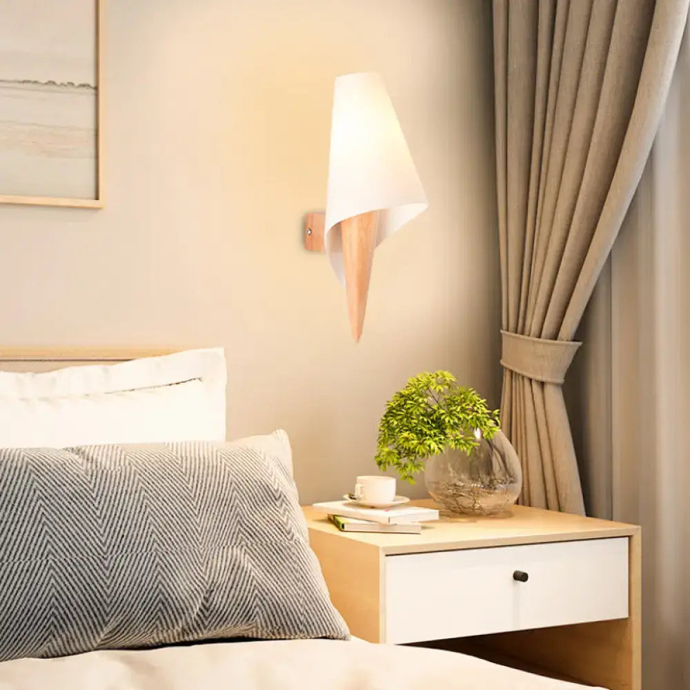 Minimalist wood and white glass wall mounted light fixture bedroom