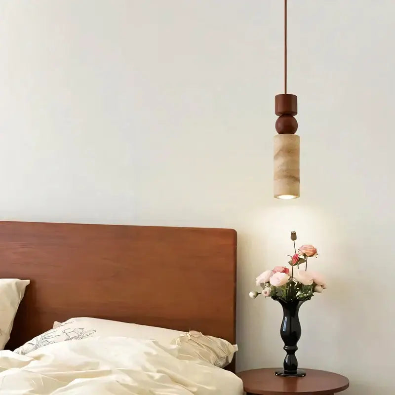 Minimalist wood and yellow travertine led pendant light dining room