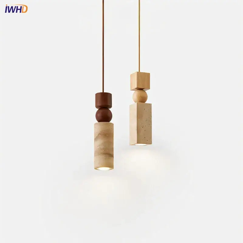 Minimalist wood and yellow travertine led pendant light dining room