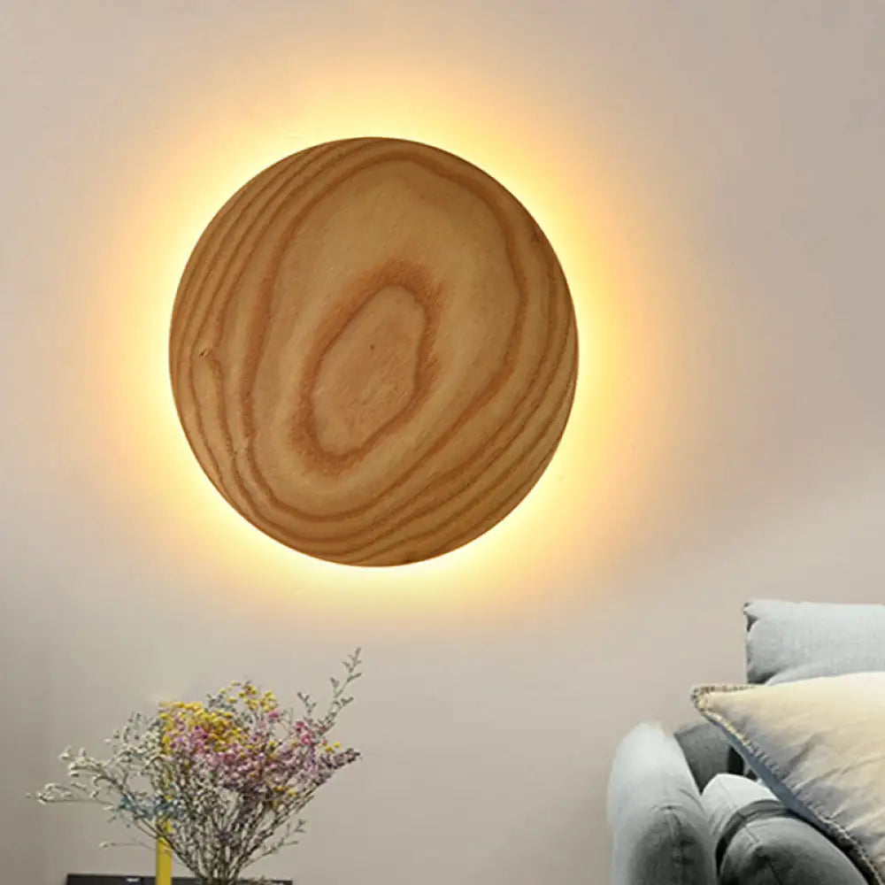 DecorBites™ Minimalist Wood Circle Wall Sconce with LED Lighting: 5"/7" Width for Parlor in Beige