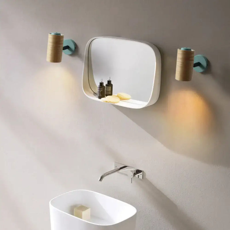 Minimalist wood wall light fixture with shelf for bathroom