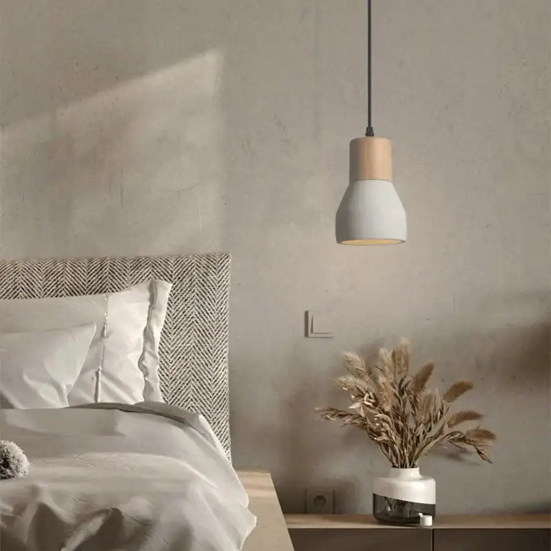 Minimalist wood & white ceramic pendant lamp for bedroom