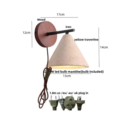 Minimalist yellow travertine wall light bedroom wood pull switch