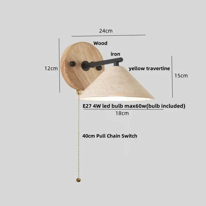 Minimalist yellow travertine wall light bedroom wood pull switch