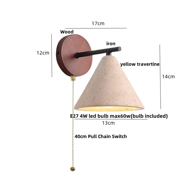 Minimalist yellow travertine wall light bedroom wood pull switch