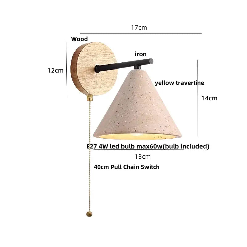 Minimalist yellow travertine wall light bedroom wood pull switch