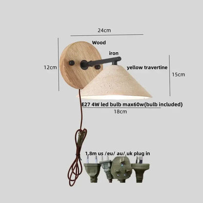 Minimalist yellow travertine wall light bedroom wood pull switch