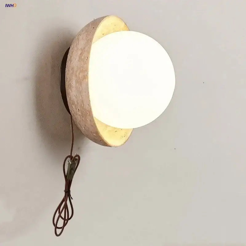 Minimalist yellow travertine & white glass led wall light bedroom
