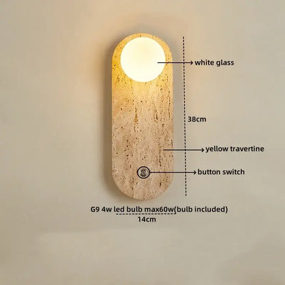 Minimalist yellow travertine & white glass led wall light bedroom
