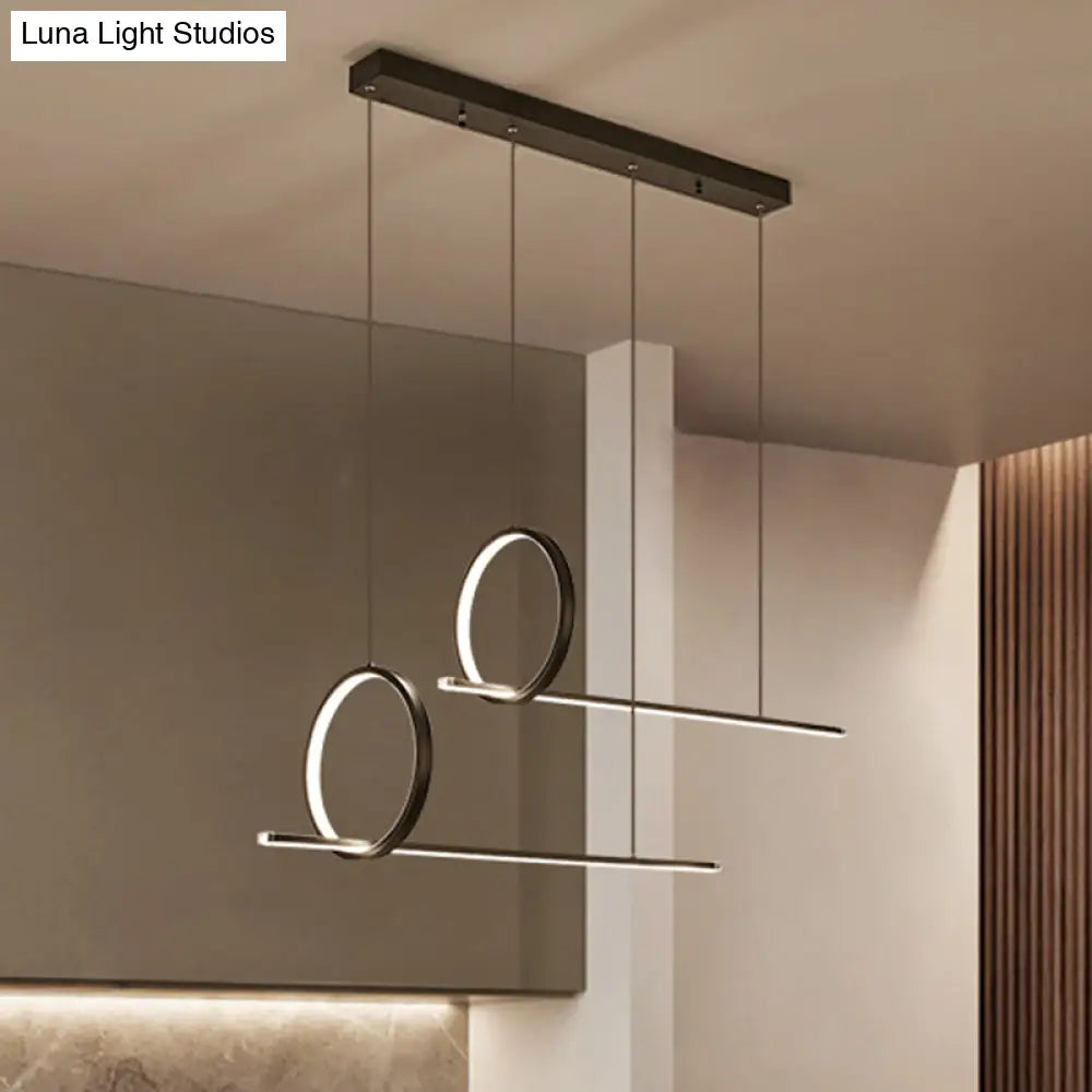 DecorBites™ Minimalistic Iron LED Island Light Fixture: Linear and Ring Design - Black Finish, 2-Head Hanging