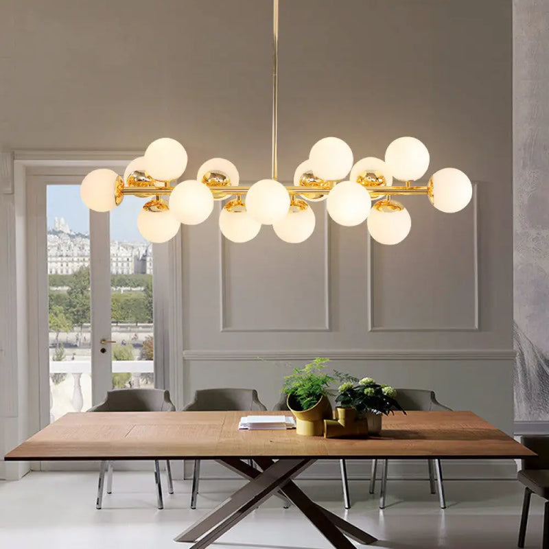 DecorBites™ Minimalistic Milky Glass Pearl 16-Bulb Brass Hanging Island Lamp
