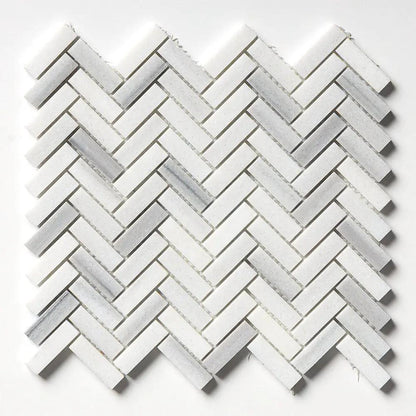 Mink White Honed Herringbone 5/8x2 Marble Mosaics 12 1/8x13 3/8