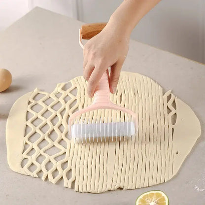 Mint and pink dough roller rolling pin with grid knife kitchen tool