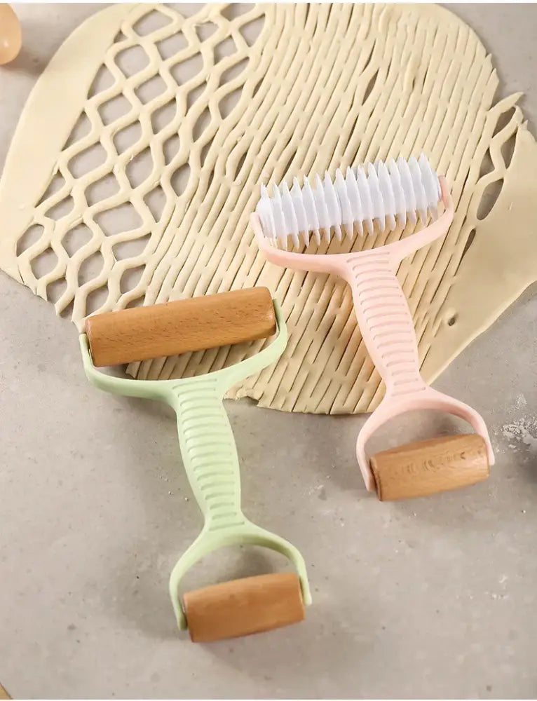 Mint and pink dough roller rolling pin with grid knife kitchen tool