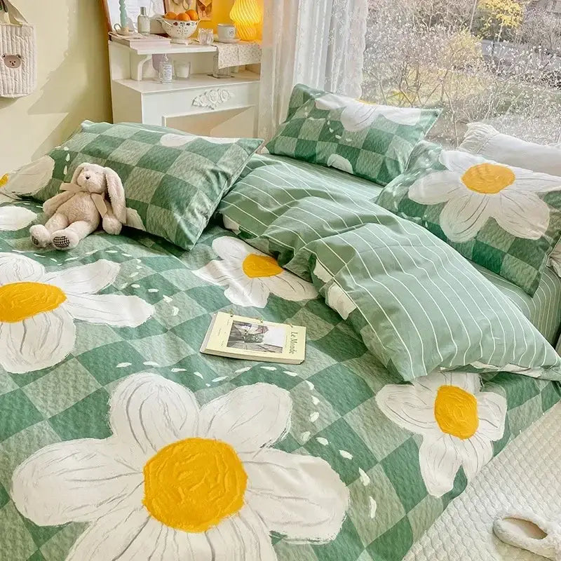 Mint & cream floral print cotton bedding set bedroom duvet cover
