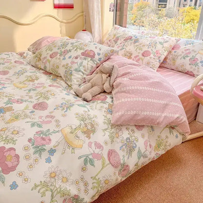 Mint & cream floral print cotton bedding set bedroom duvet cover