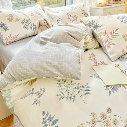 Mint & cream floral print cotton bedding set bedroom duvet cover