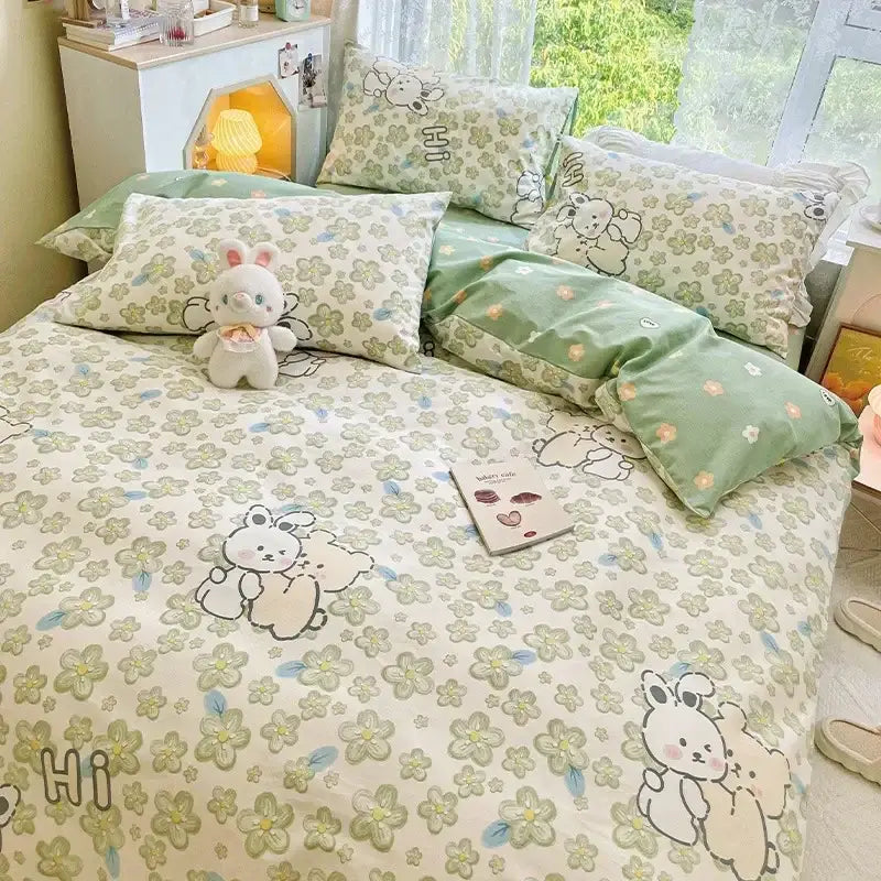 Mint & cream floral print cotton bedding set bedroom duvet cover