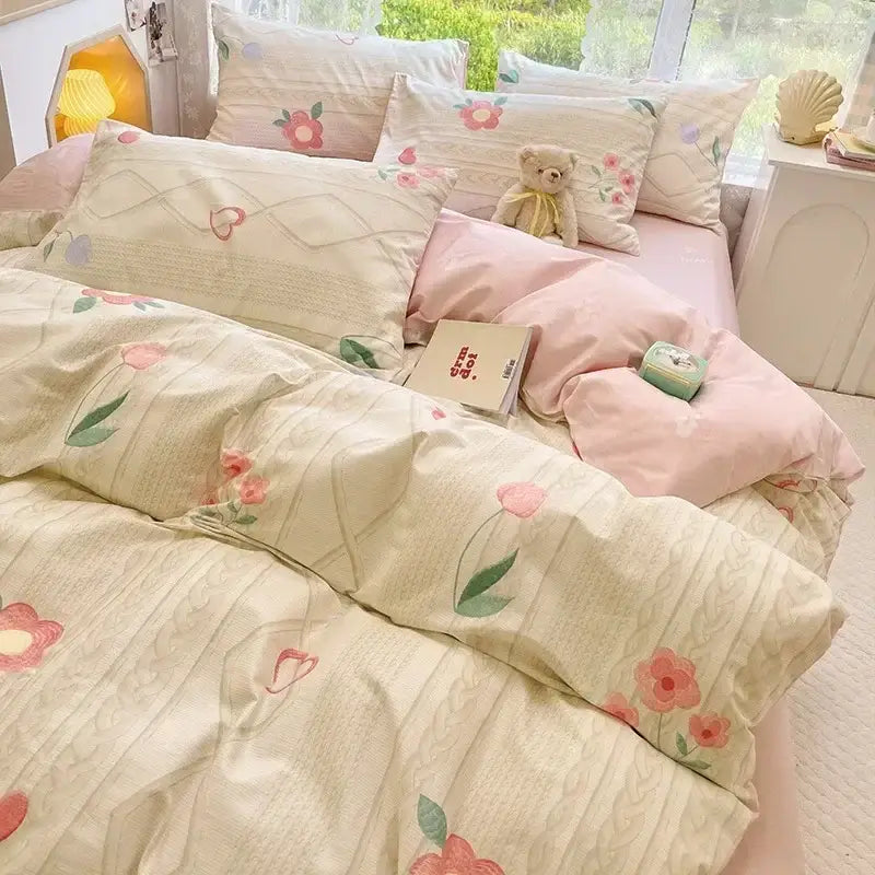 Mint & cream floral print cotton bedding set bedroom duvet cover