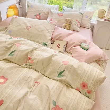 Mint & cream floral print cotton bedding set bedroom duvet cover
