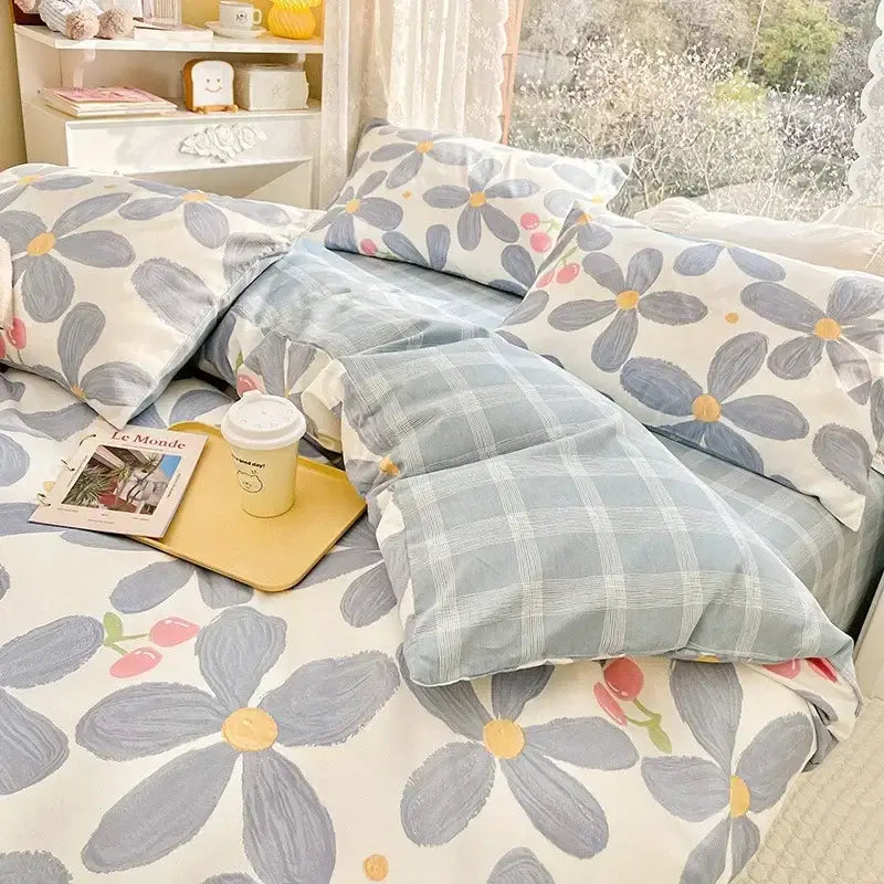 Mint & cream floral print cotton bedding set bedroom duvet cover