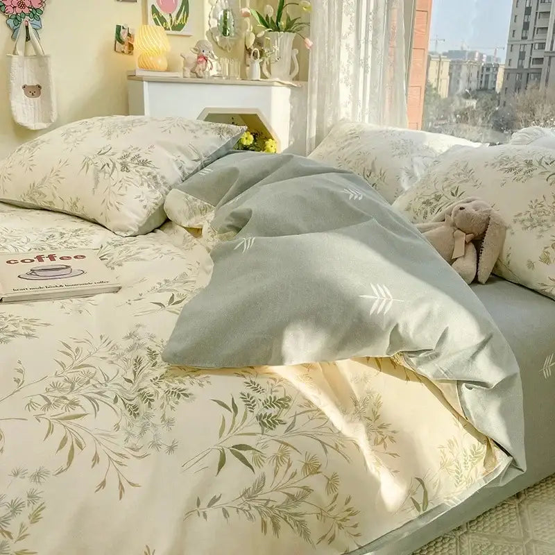 Mint & cream floral print cotton bedding set bedroom duvet cover