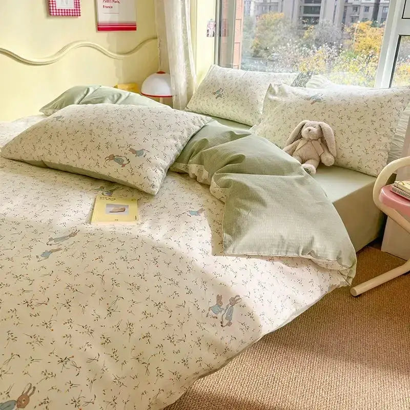 Mint & cream floral print cotton bedding set bedroom duvet cover