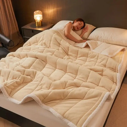 Mint & cream quilted coral fleece winter blanket bedroom bedding