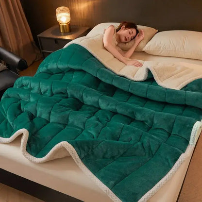 Mint & cream quilted coral fleece winter blanket bedroom bedding