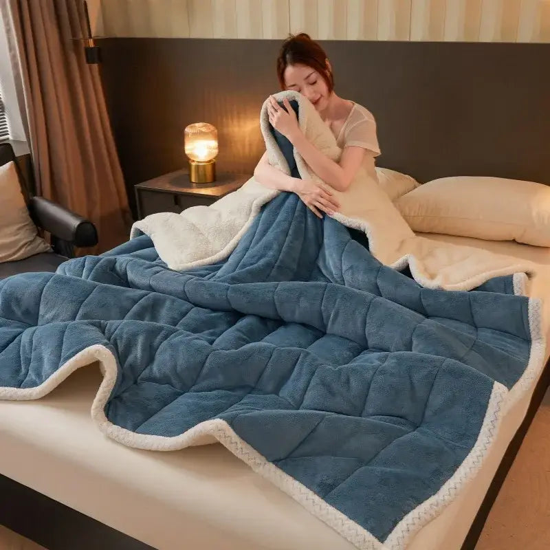 Mint & cream quilted coral fleece winter blanket bedroom bedding
