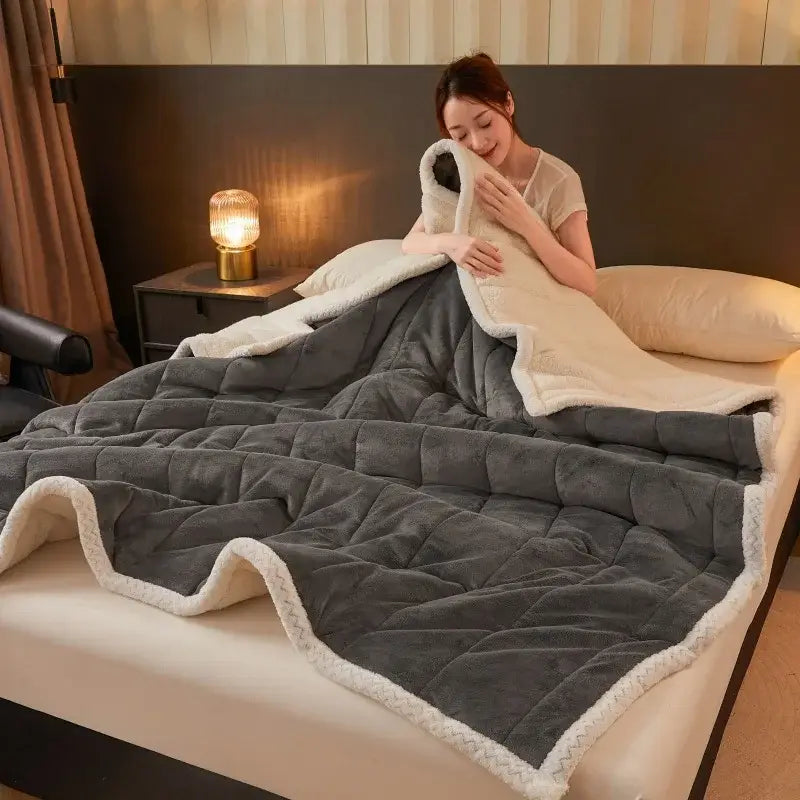 Mint & cream quilted coral fleece winter blanket bedroom bedding