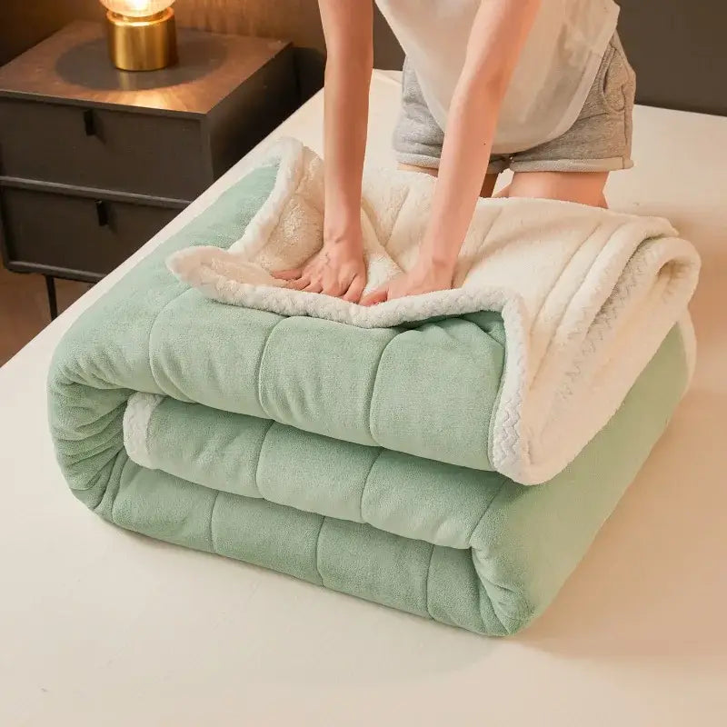 Mint & cream quilted coral fleece winter blanket bedroom bedding