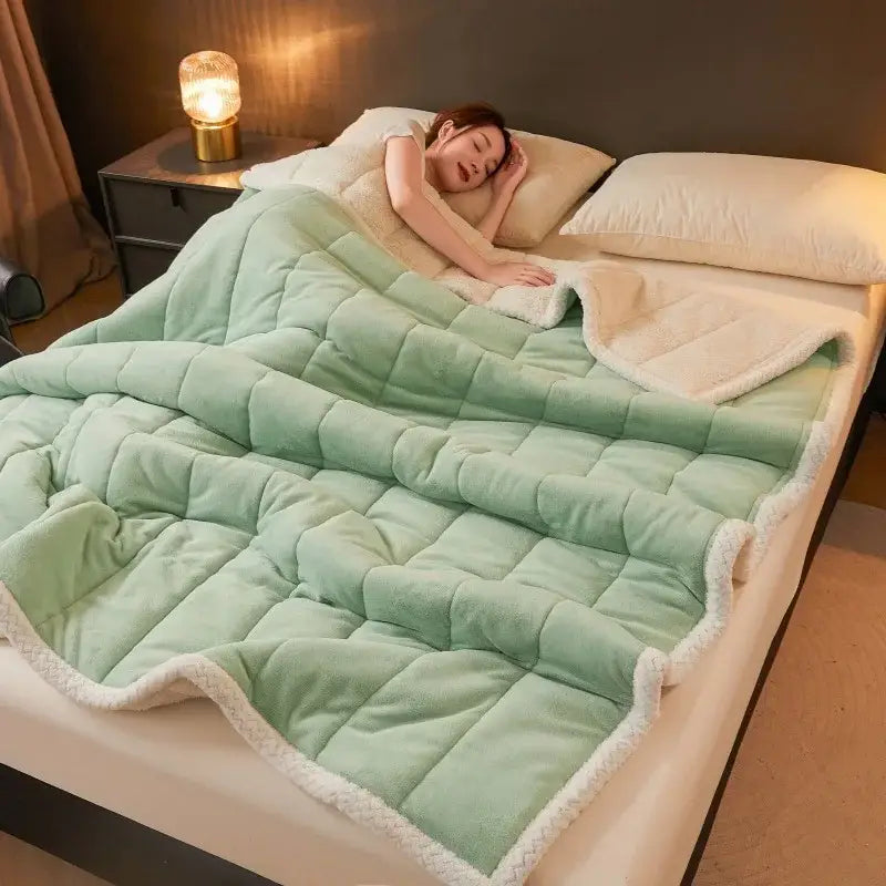 Mint & cream quilted coral fleece winter blanket bedroom bedding