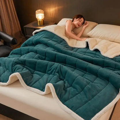 Mint & cream quilted coral fleece winter blanket bedroom bedding