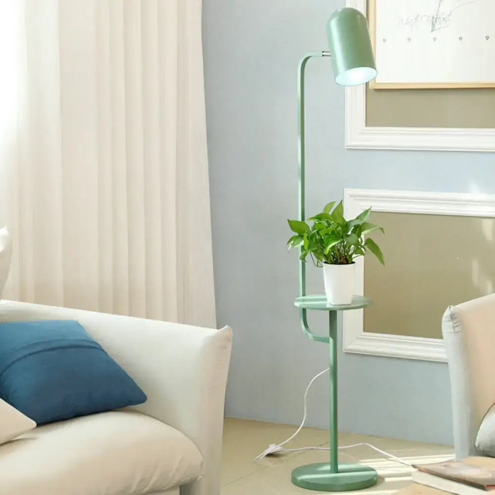 Mint green bell shaped living room metal floor light with wood shelf
