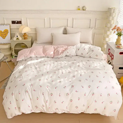 Mint green & cream cartoon heart plant quilt set bedroom bedding
