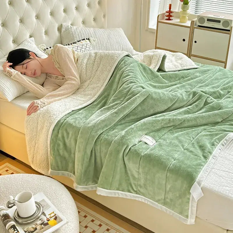 Mint green & cream imitation lamb’s wool blanket bedroom decor