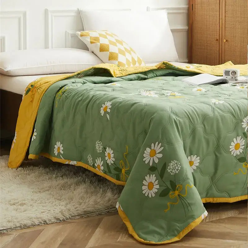 Mint green daisy print quilt set bedroom diamond quilted bedding