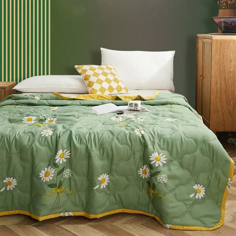 Mint green daisy print quilt set bedroom diamond quilted bedding