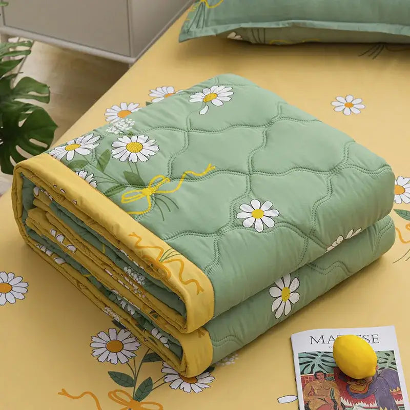 Mint green daisy print quilt set bedroom diamond quilted bedding