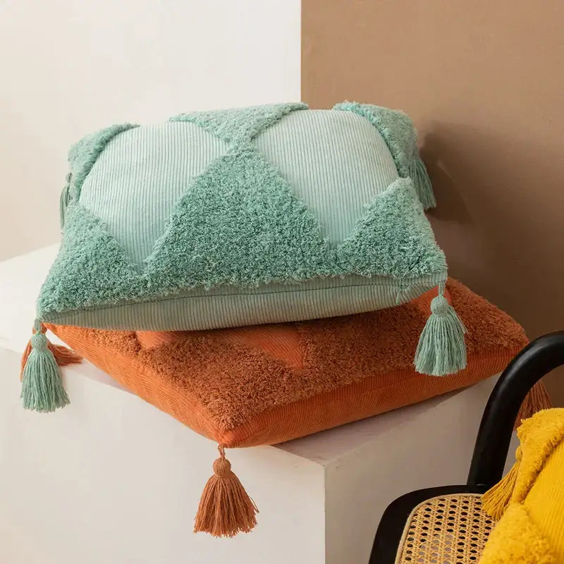 Mint green diamond tassel cushion cover living room corduroy pillow
